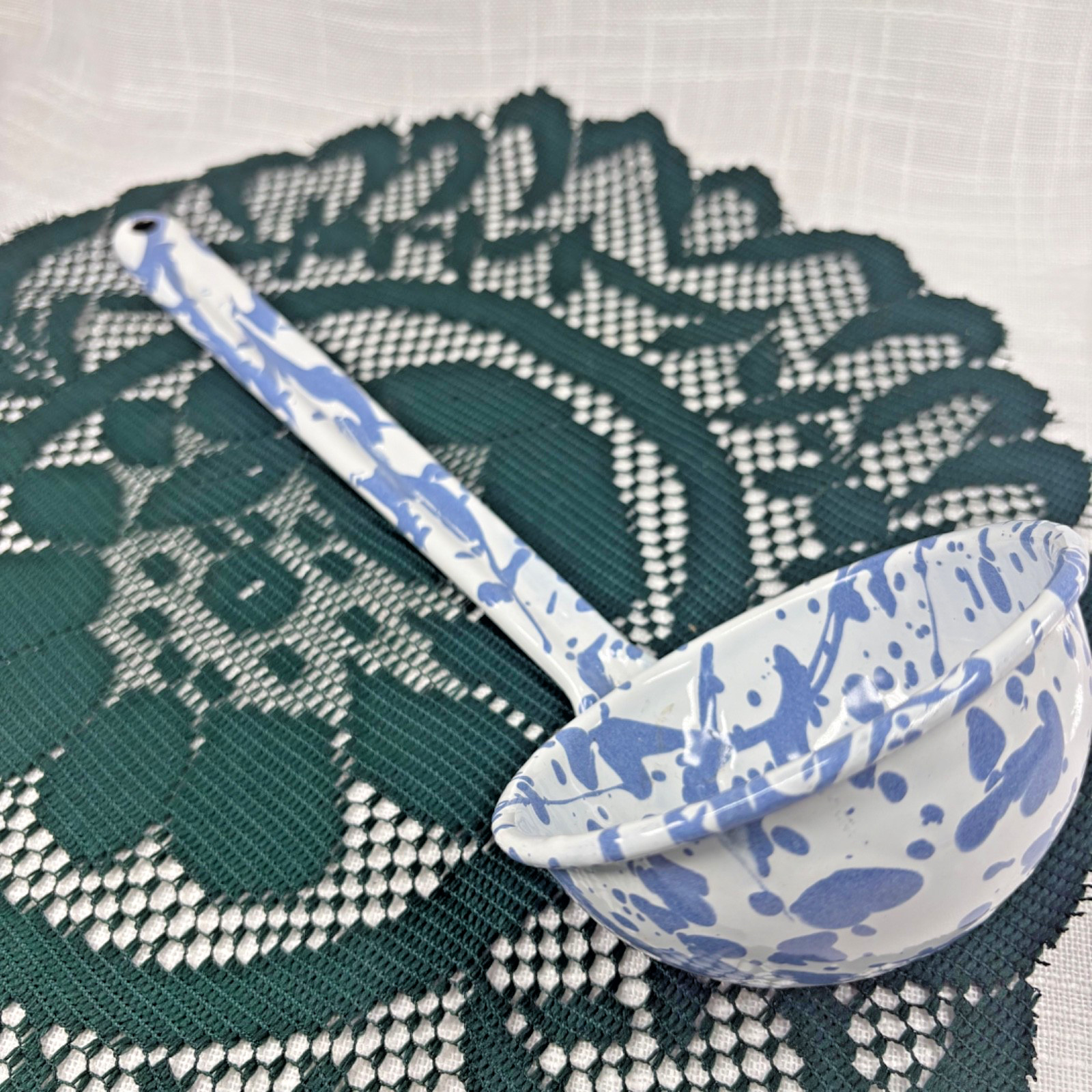 Crow Canyon Enamelware 12 Inch Ladle Spoon Splatter Blue & White Rustic Decor