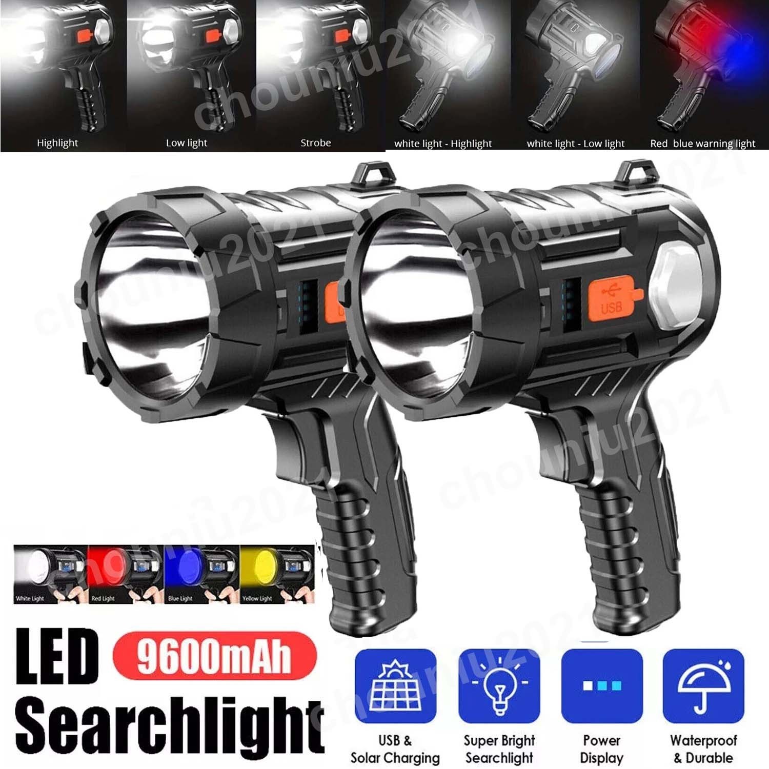 1/2PCS Solar/USB Super Bright Rechargeable LED Spotlight Flashlight Searchlights