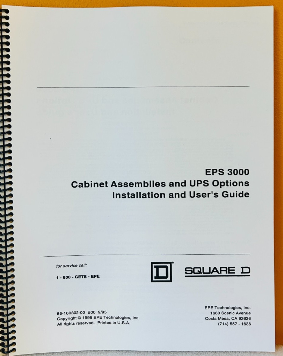 Square D EPS 3000 Cabinet Assemblies & UPS Installation & User's Guide Manual.