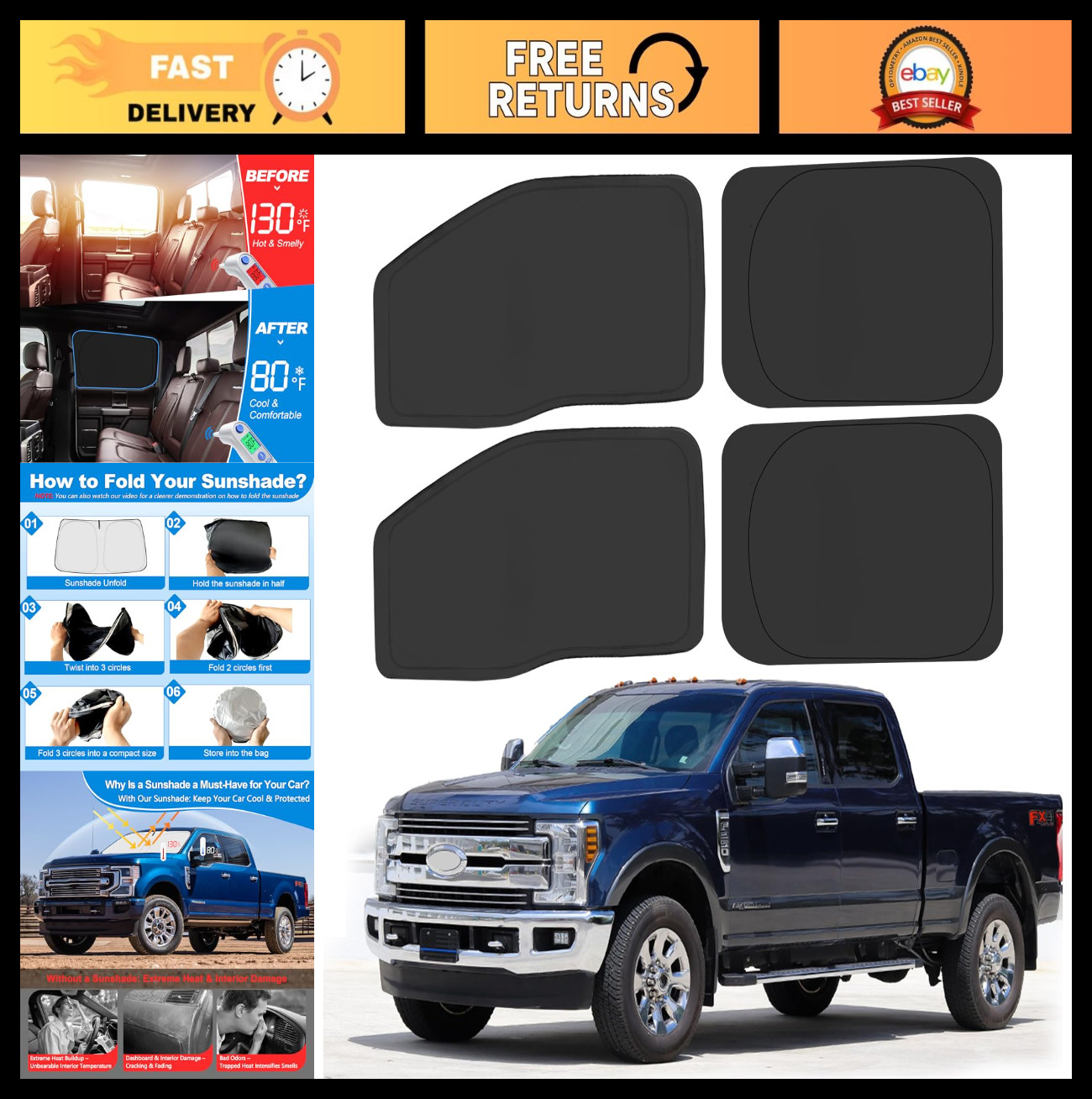 Foldable Side Window Sun Shade for 2017-2022 F250 F350 Super Duty Crew Cab, UV B