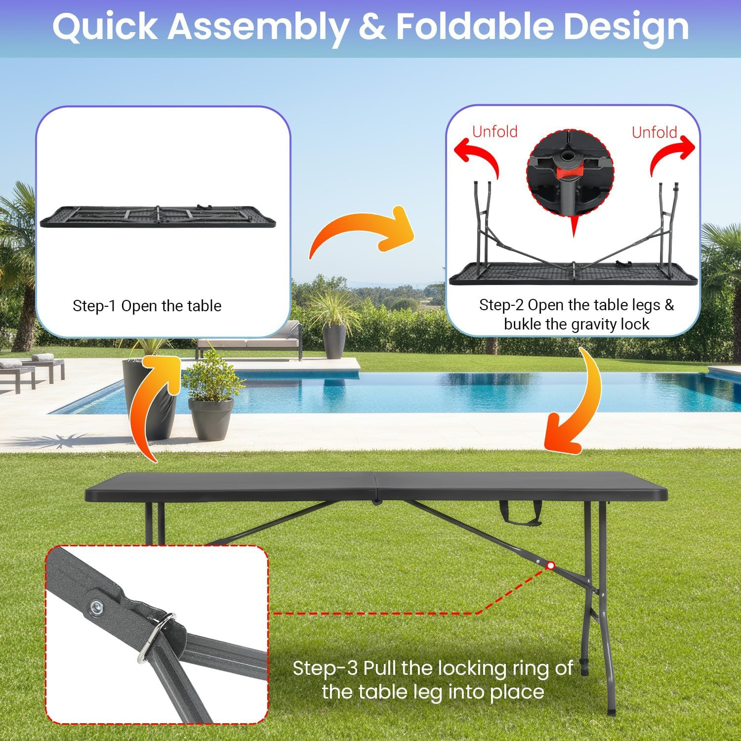 6FT Folding Table, Portable Fold-In-Half Plastic Picnic Party Table with Carryin