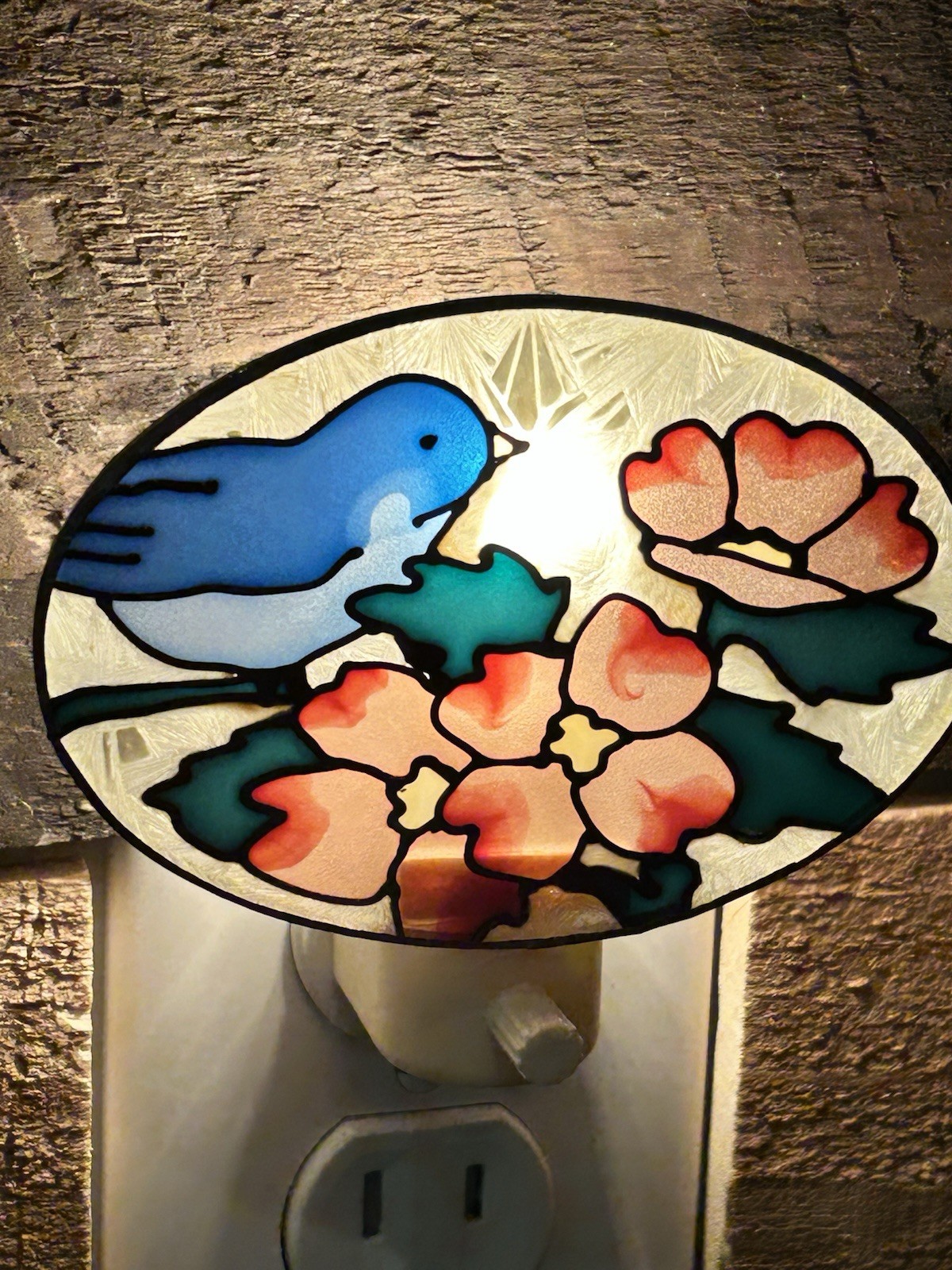 Stained Glass Blue Bird And Flowers Plug-In Nightlight Tested VTG