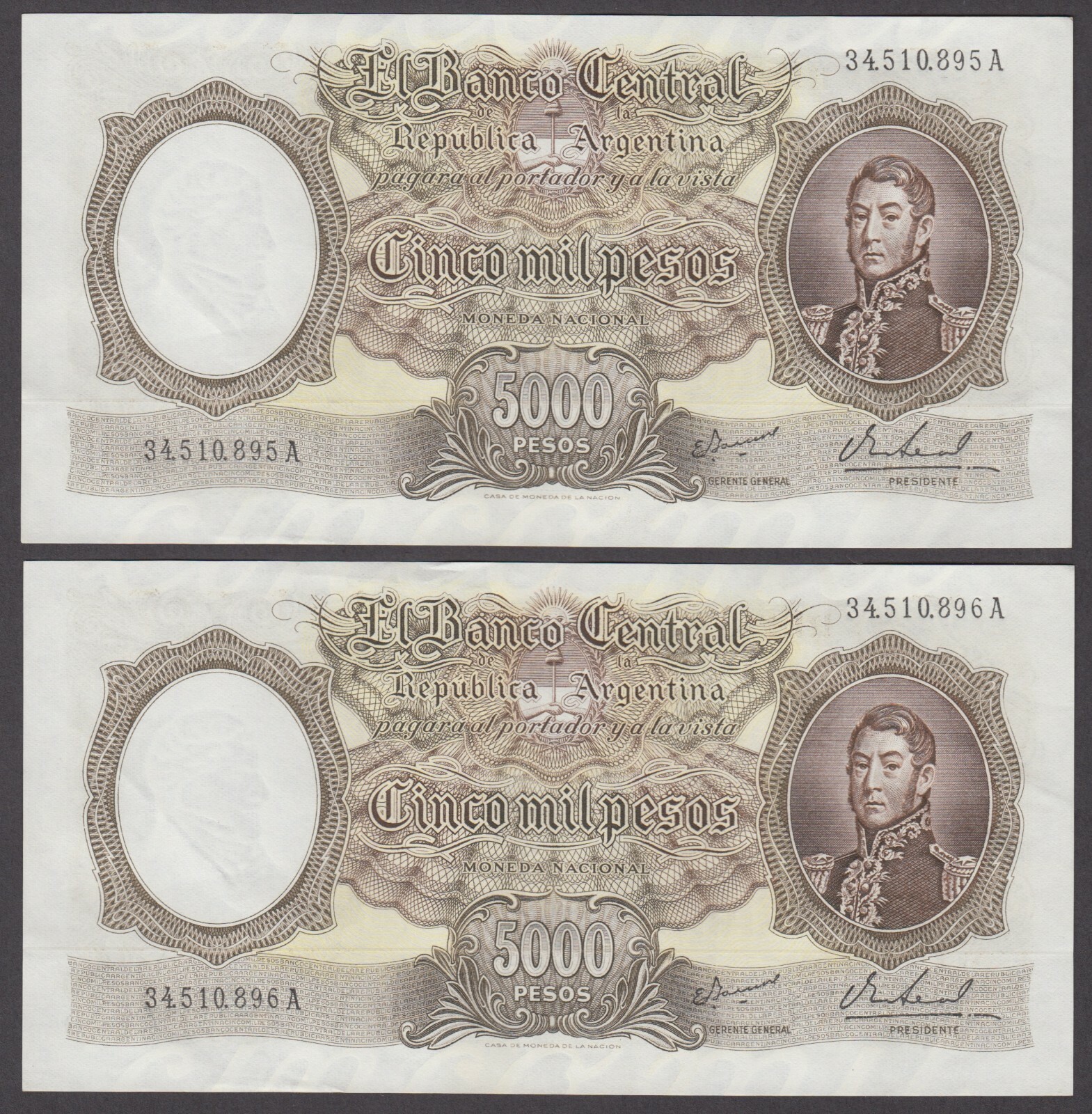 ARGENTINA  P.280b C545a  5000 5,000 PESOS SIG IANELLA-REAL CONS. PAIR VF-EF yyy