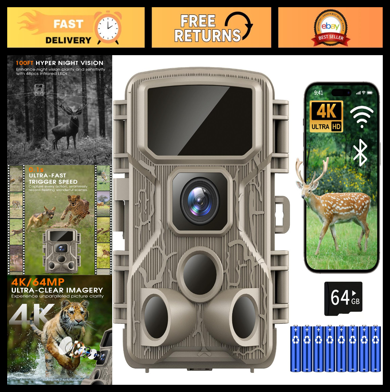 64MP 4K HD Trail Camera - 100ft Night Vision, 0.1s Trigger, WiFi, Waterproof, 64