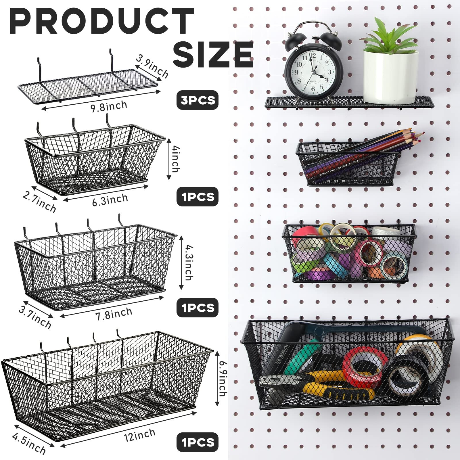6 Pieces Pegboard Baskets Wall Mount Wire Peg Board Baskets 3 Sizes Pegboard ...