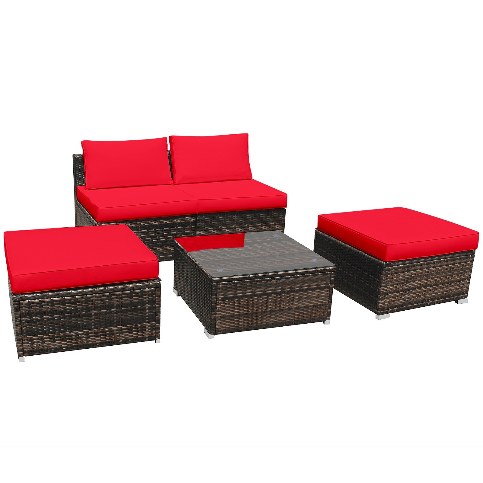 Topbuy 5 PCS Outdoor Rattan Wicker Sofa Set Lounge Chair W/ Red Cushions