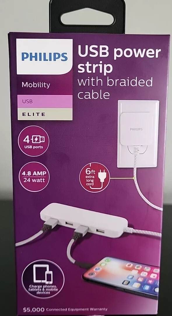 PHILIPS MOBILITY USB POWER STRIP With BRAIDED CABLE NEW IN BOX