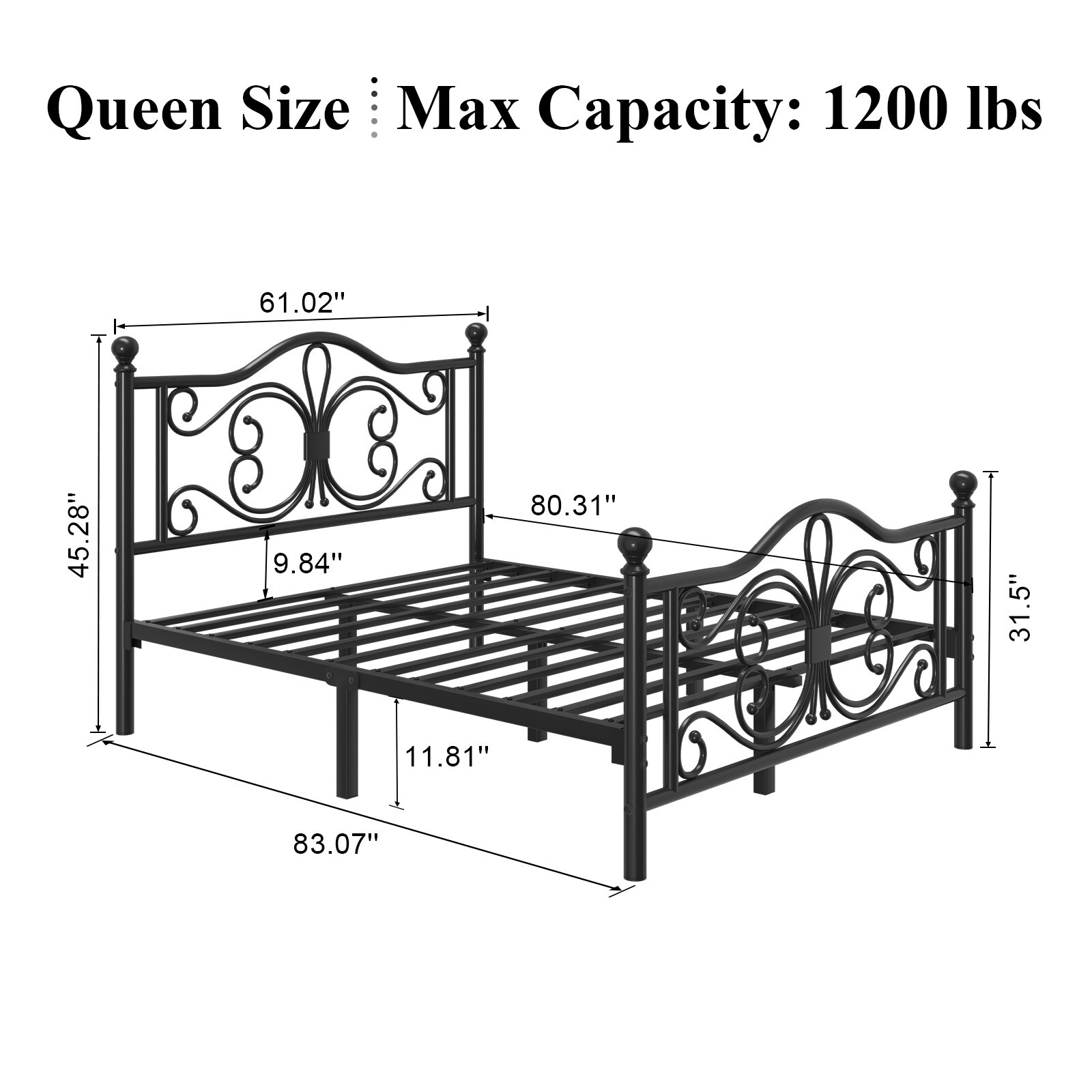 Queen Size Bed Frame with Butterfly Pattern Design Strong Metal Slats Support