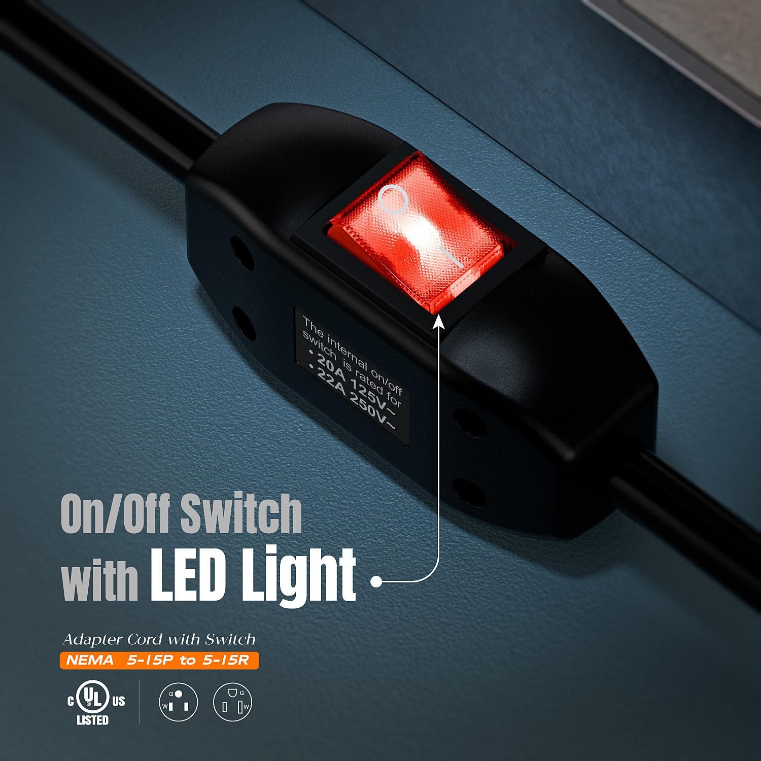 Inline On/Off Switch Extension Cord, Plugrand 3-Prong Household Black Color