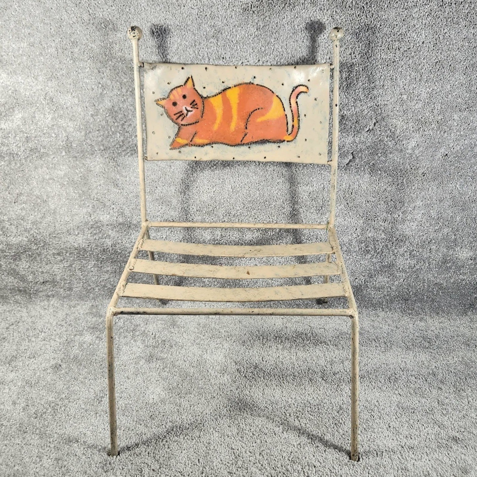 Child's Metal Chair Cream Orange Hand Painted Cat Vintage Whimsical Kids Size