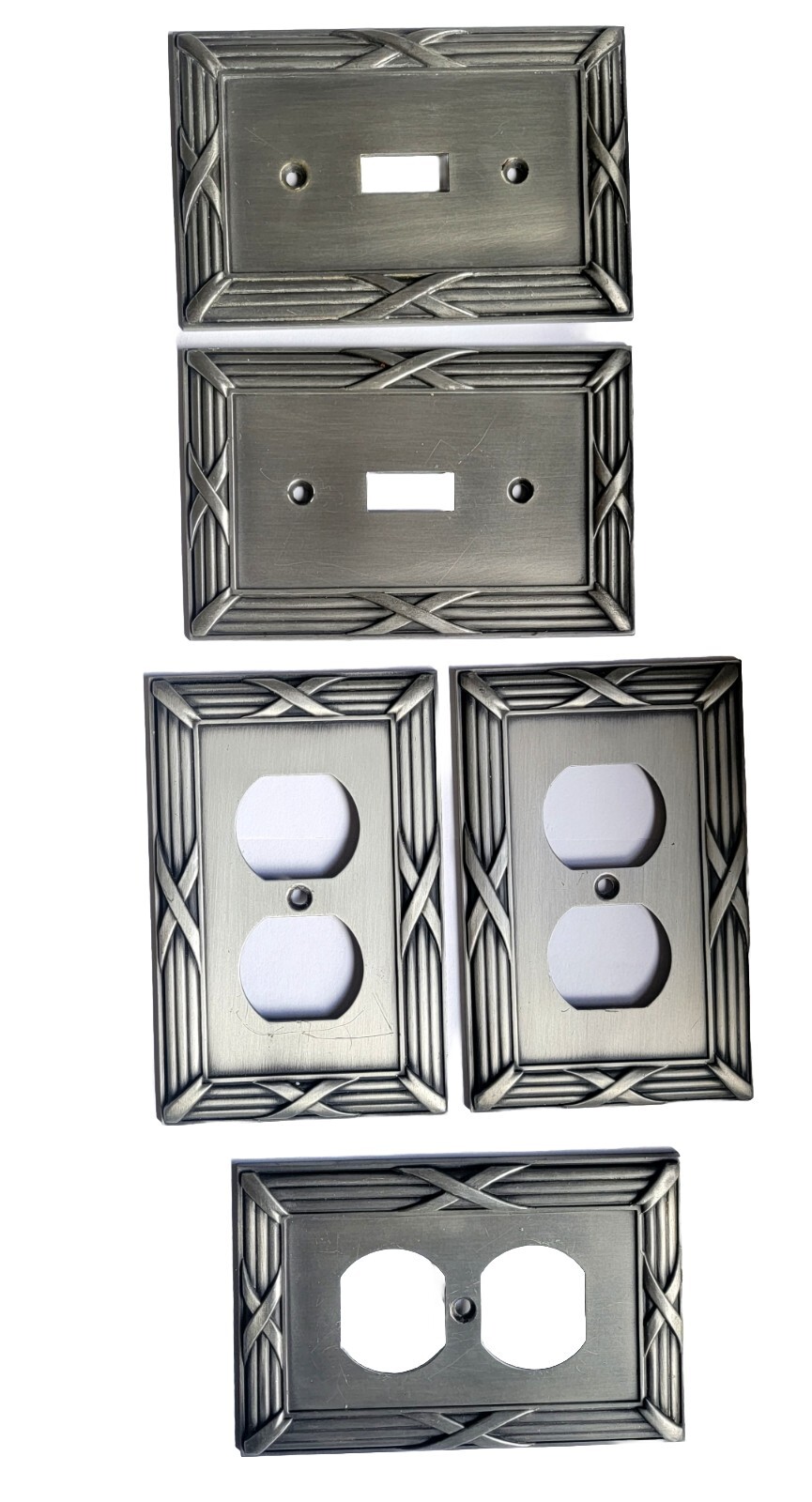 Atron Cast metal Pewter Duplex Outlet/single Toggle. total 5 pc. pre-owner