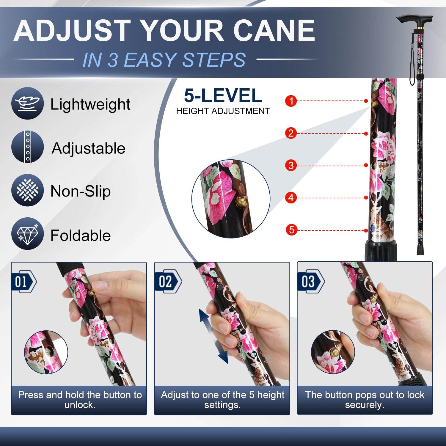 Folding Cane, 5-Level Adjustable Height 33-37", Black Floral