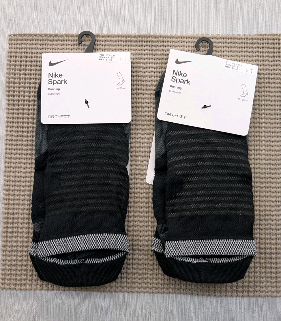 2 Pairs Nike Spark Cushioned No Show Socks Youth 6Y-7.5Y Womens 7.5-9 Black New