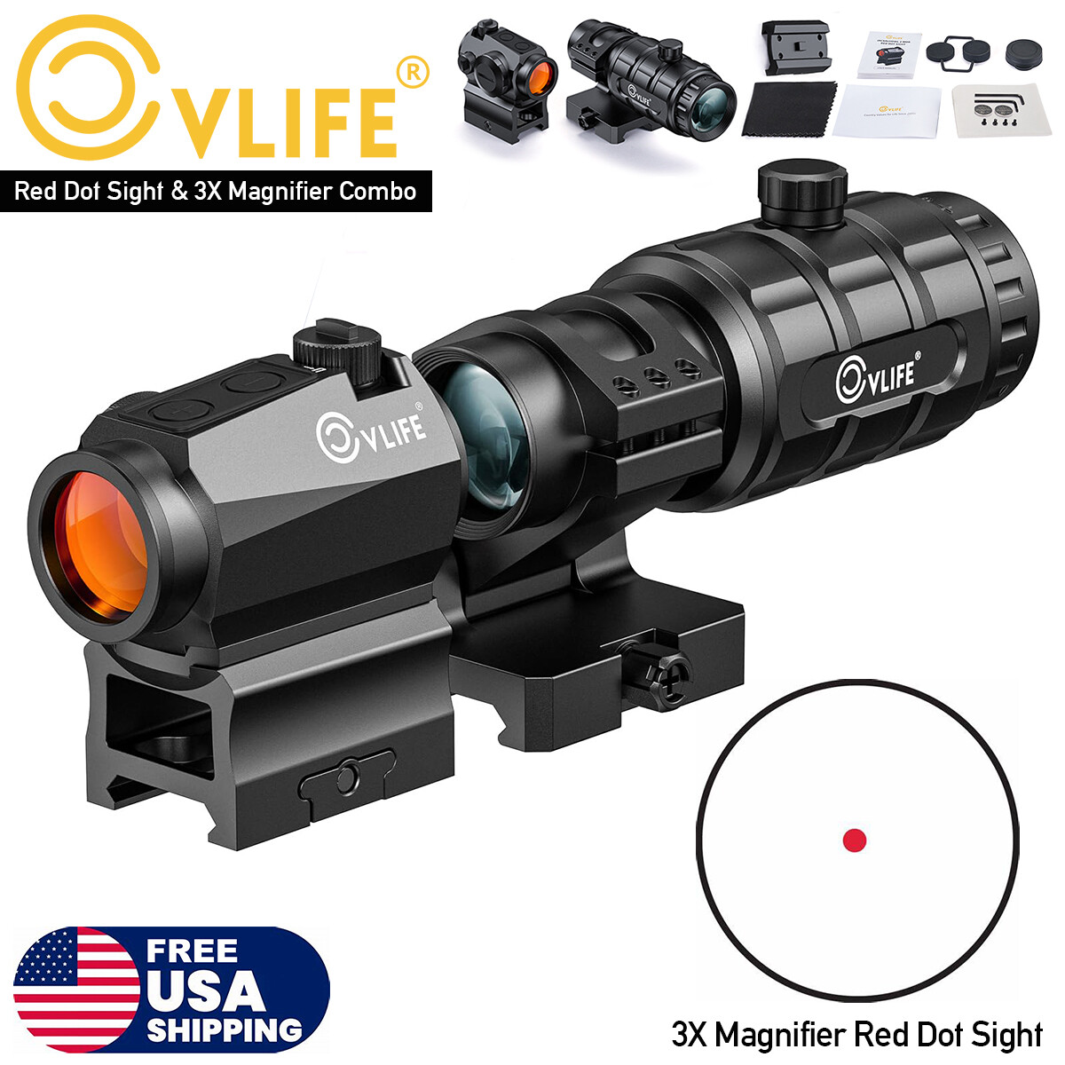 Motion Awake Red Dot Sight w/ 3X Flip to Side Magnifier Combo Optics Rifle Scope