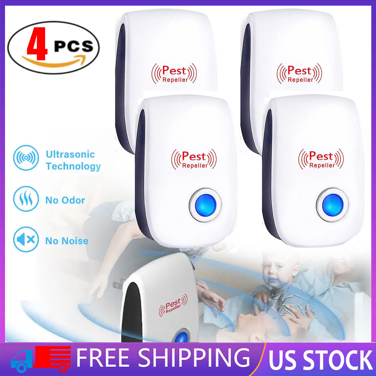 4 PACK Pest Reject Ultrasonic Repeller Reject Bug Mites Spider Defender Roaches