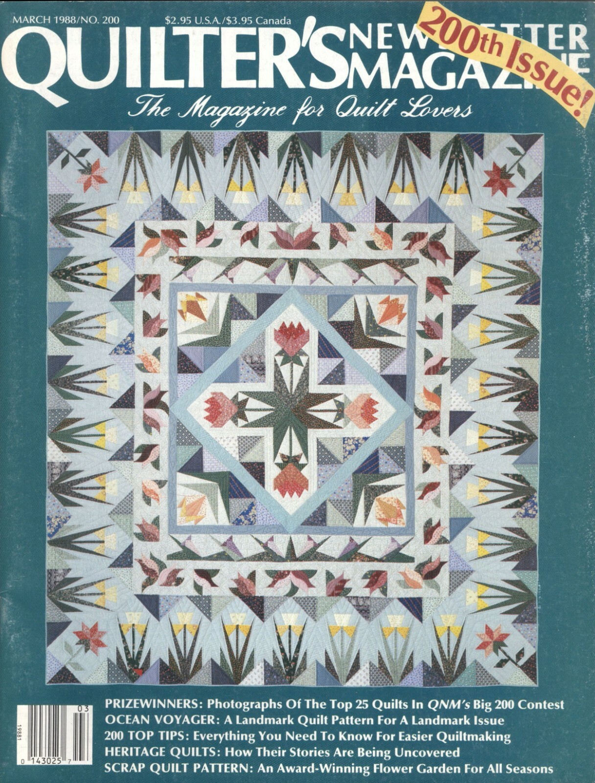 Quilter's Newsletter Magazine March 1988 Scrap Flower Garden Strawberry Blossom