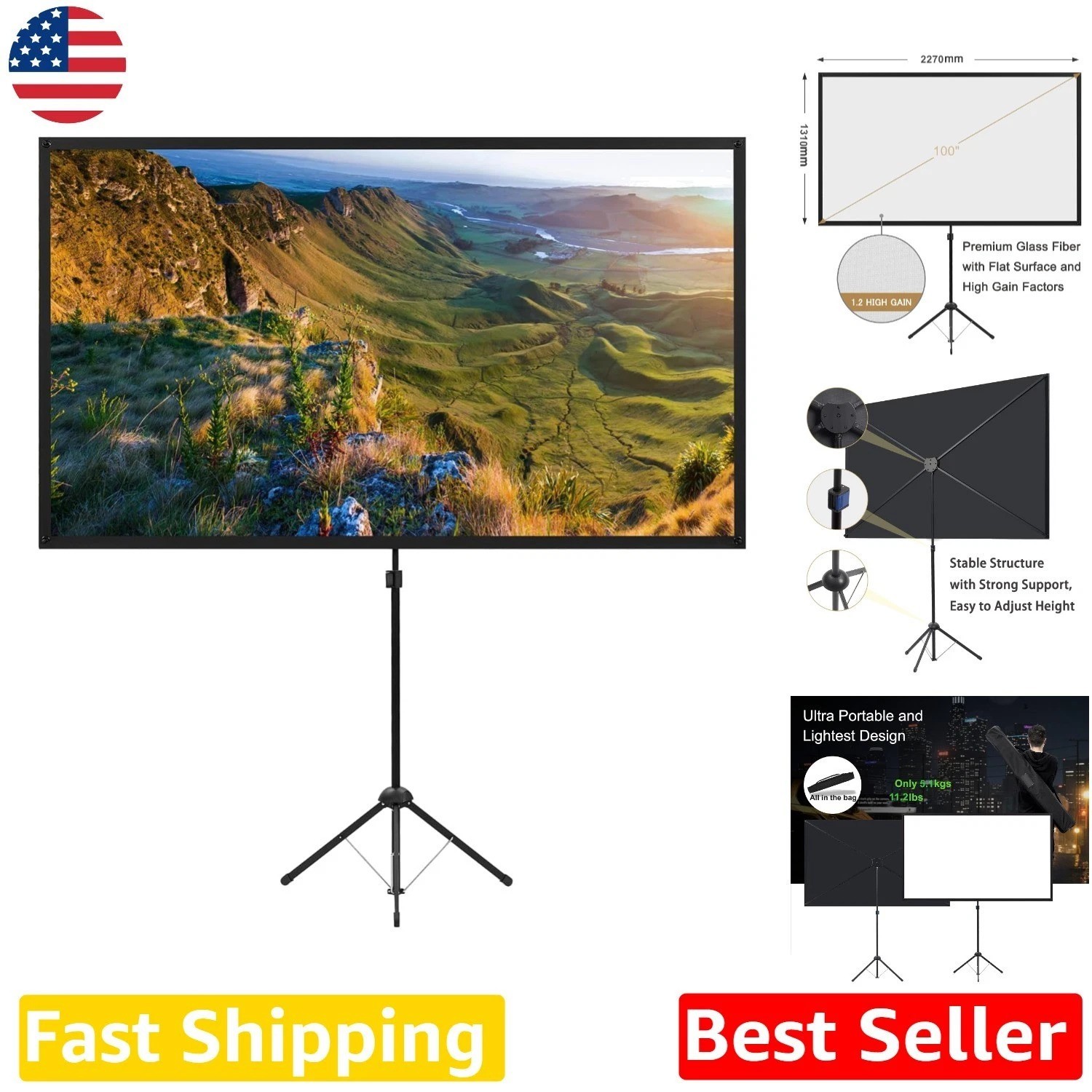 Pro 100 Inch Projector Screen, 160° Viewing, Tripod Mount, Home Cinema