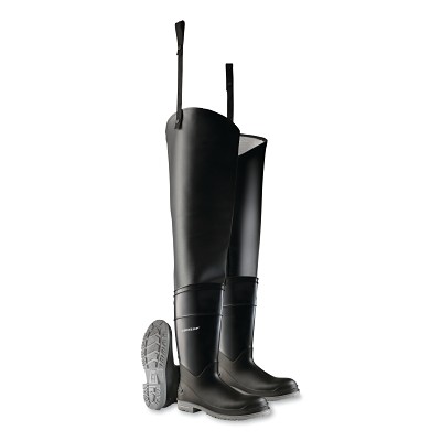 Hip Waders, Steel Toe, Men's 10, 32 in Inseam, Polyblend/PVC, Black Dunlop