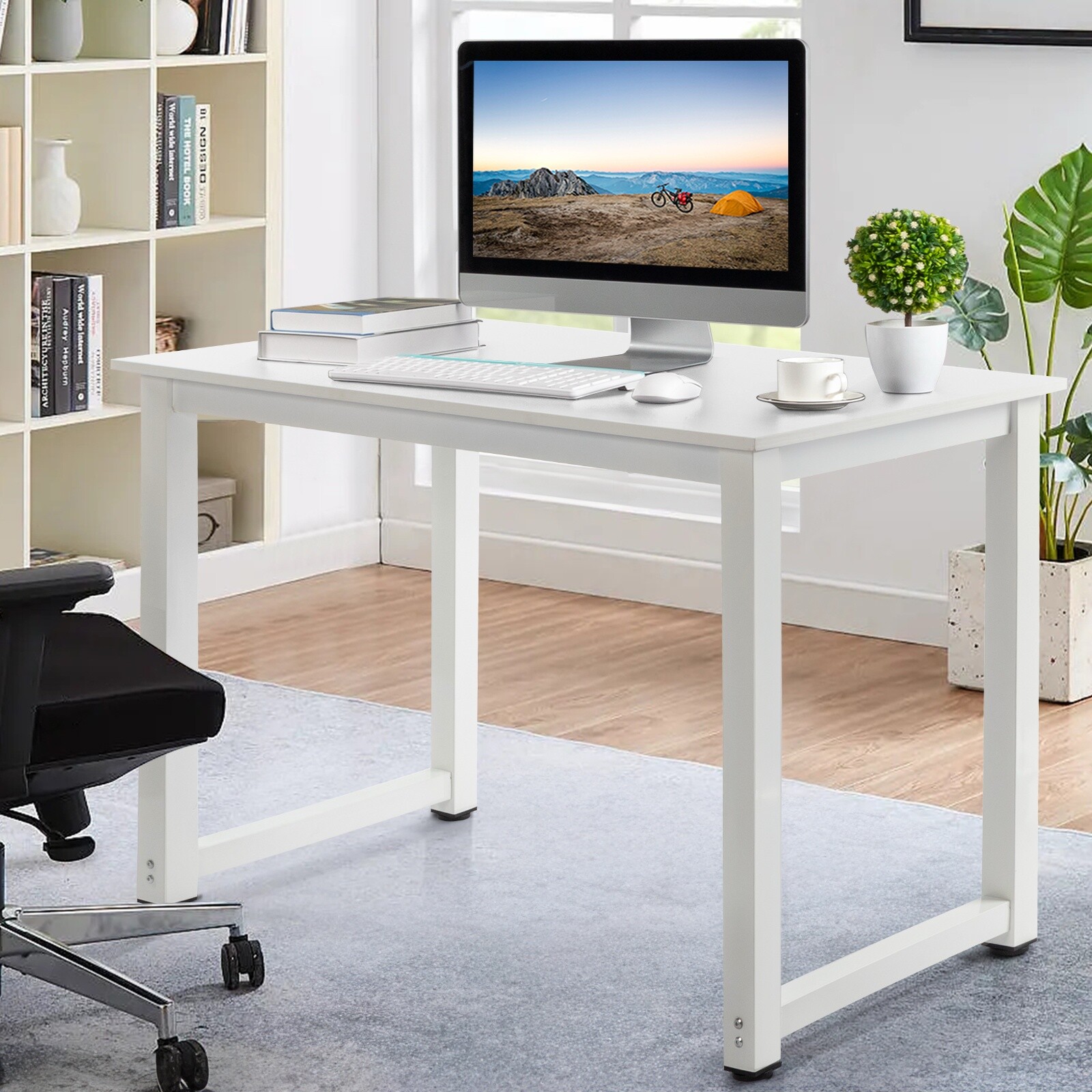 Simple Computer Desk - Portable, White, Steel White Frame & Adjustable Foot Pad