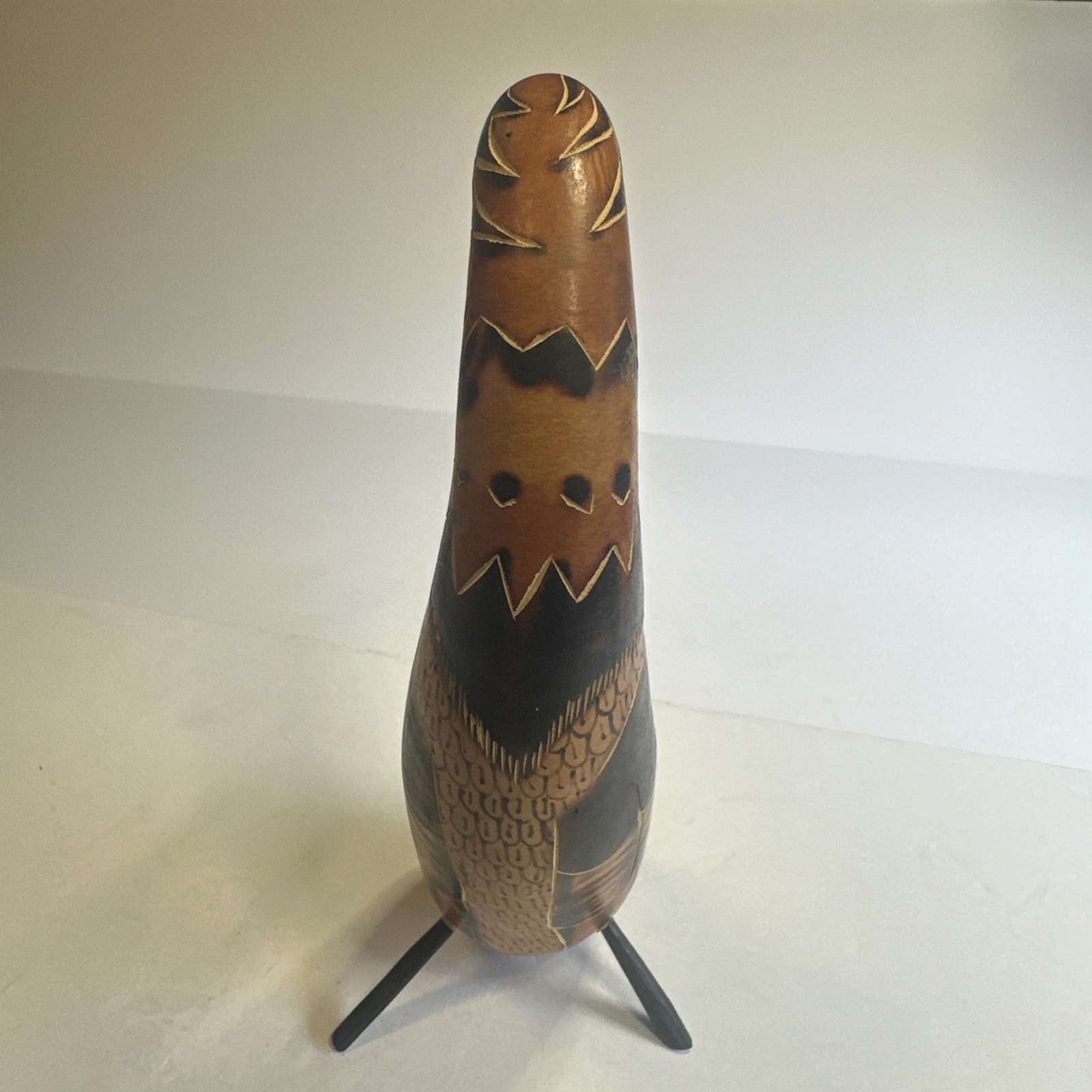 Hand Carved Peruvian Gourd Bird Primitive 9” Tall