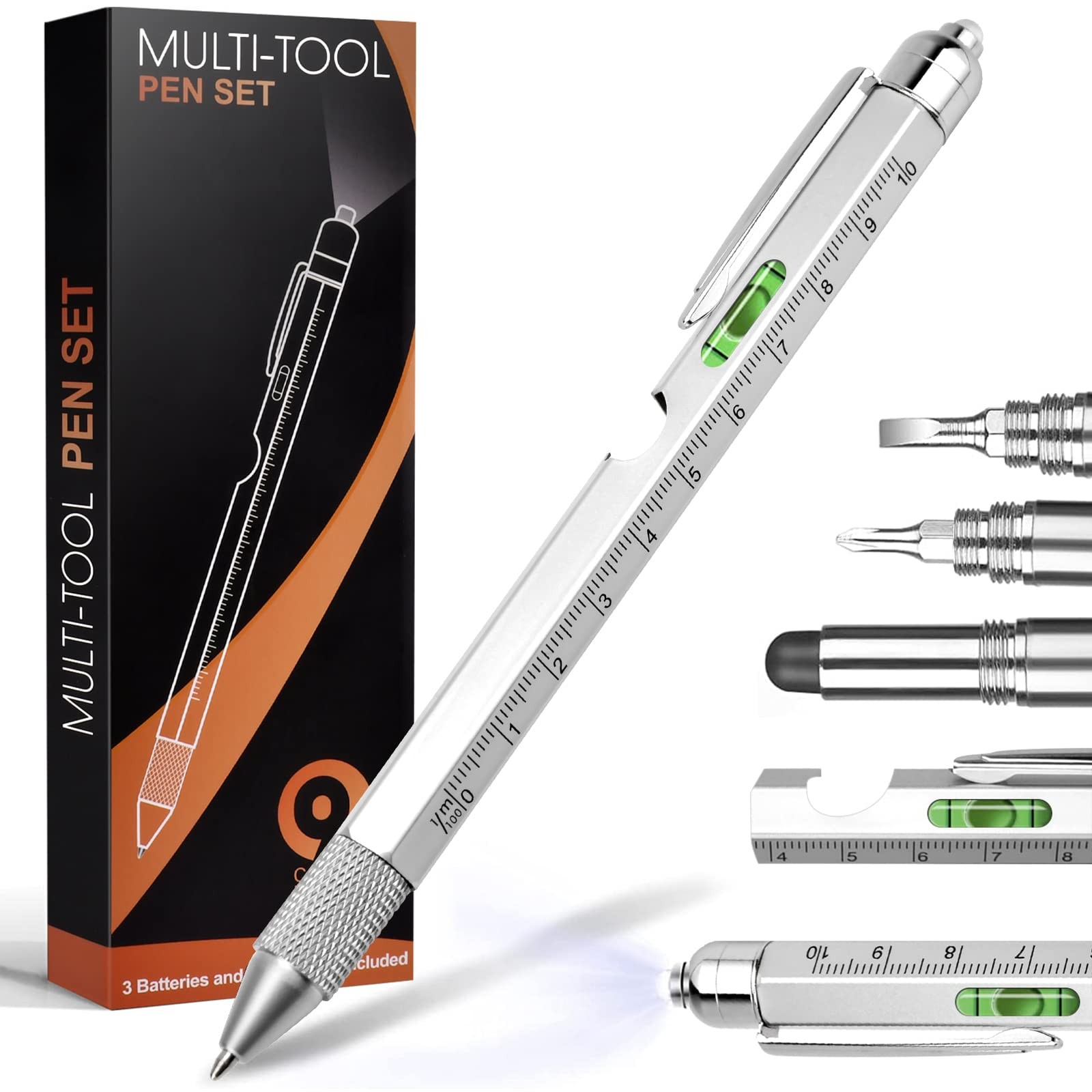 9 in 1 Multi-Tool Pen for Men, Tools with Ballpoint Pen, Medium, Silver