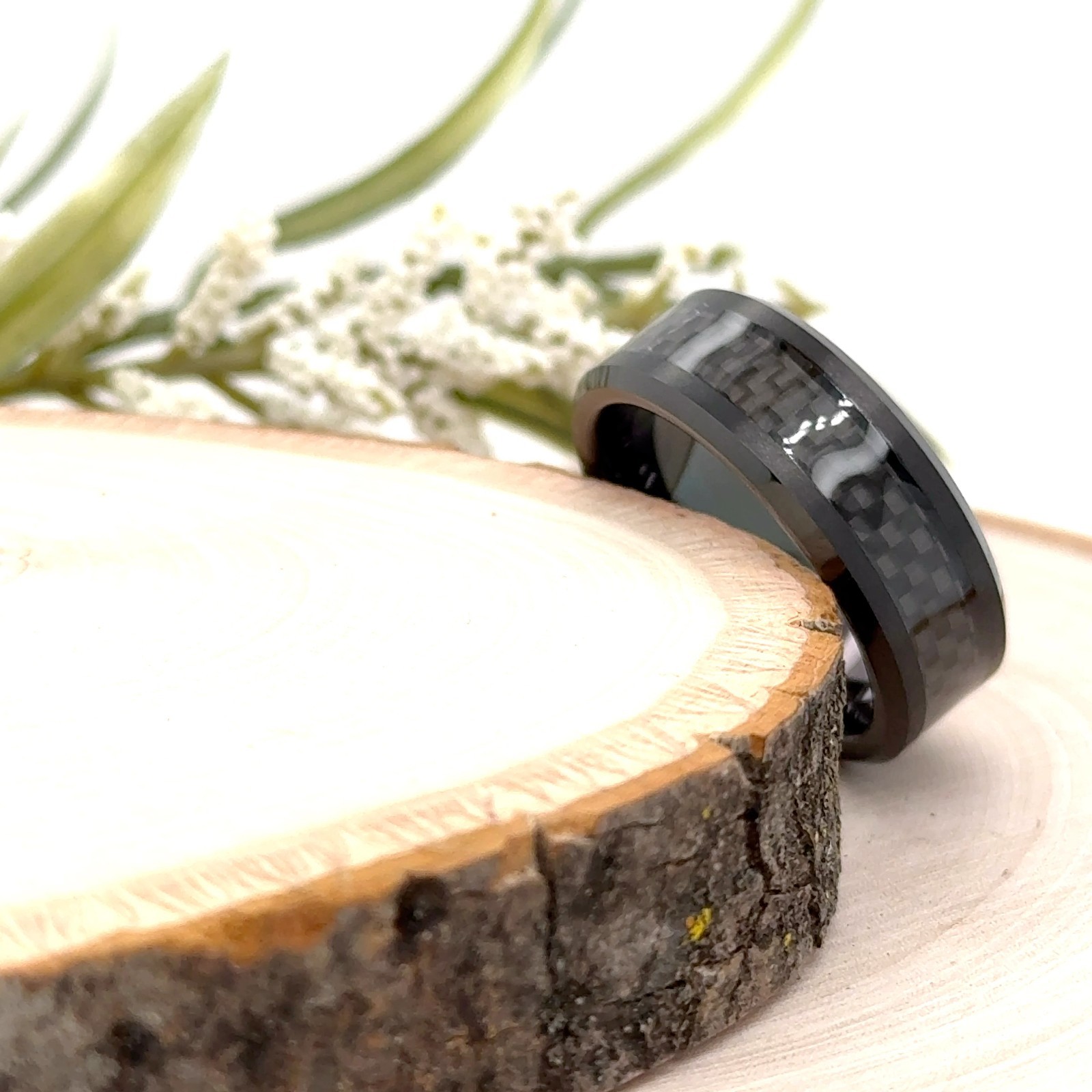 8mm Black Tungsten Carbide Ring Carbon Fiber Inlay Elegant Band For Christmas