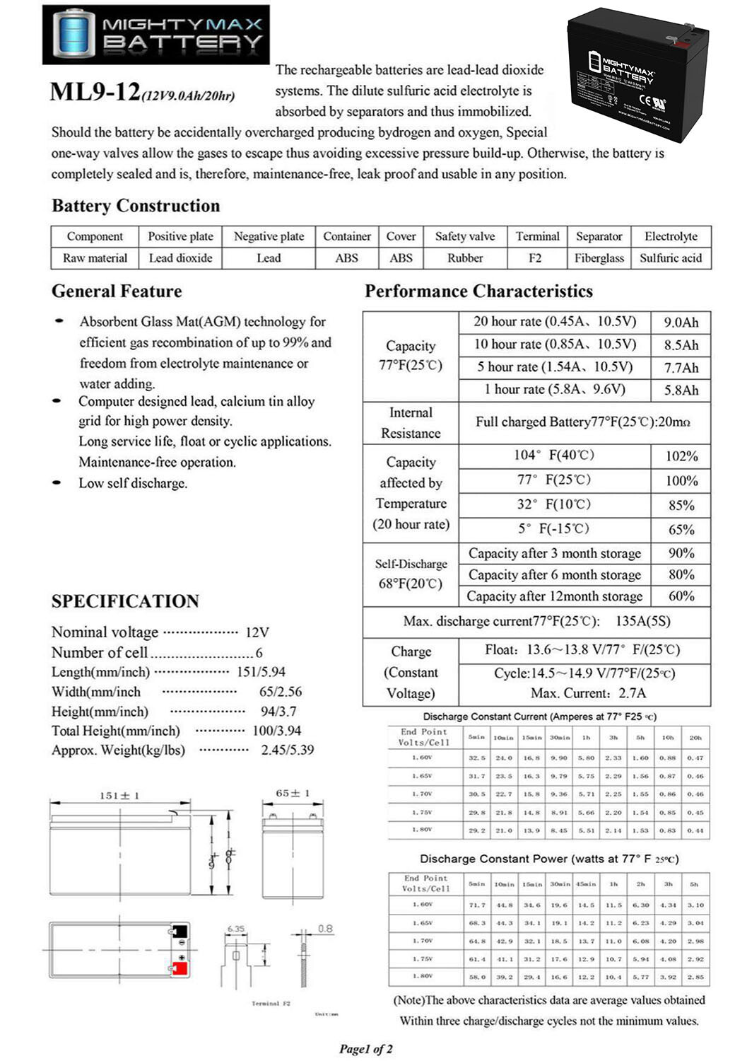 Mighty Max ML9-12 - 12V 9AH Computer Back Up Power Battery