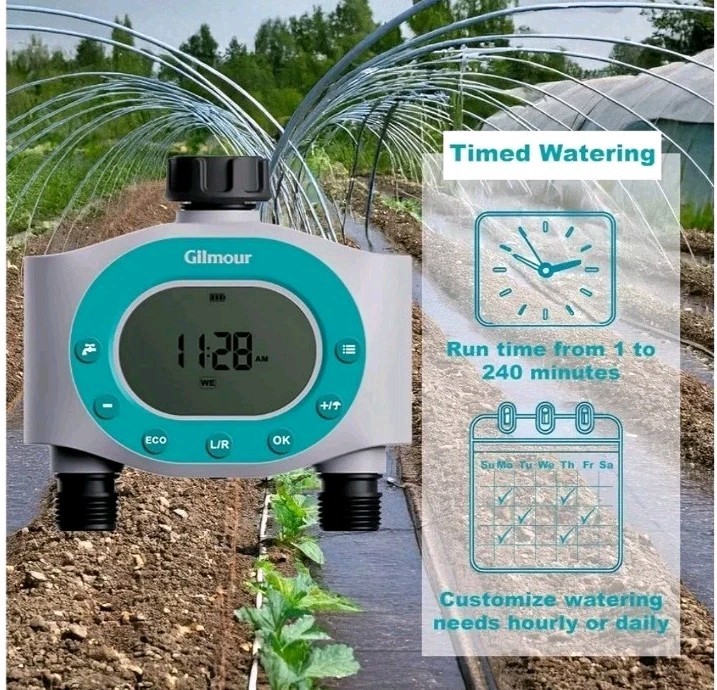Gilmour Double Hose Outlet Programmable Electronic Water Timer 2 Zone Irrigation