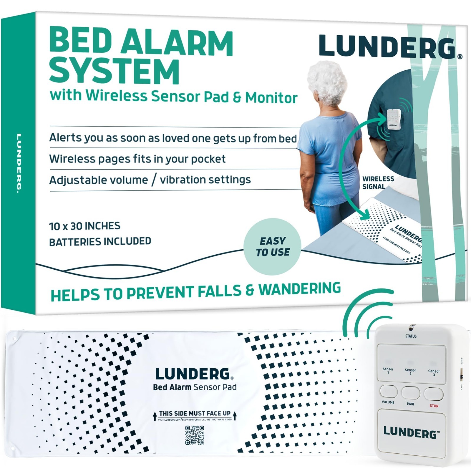 Lunderg Bed Alarm for Elderly Adults, Wireless Sensor Pad (10” x 30”), and Pager