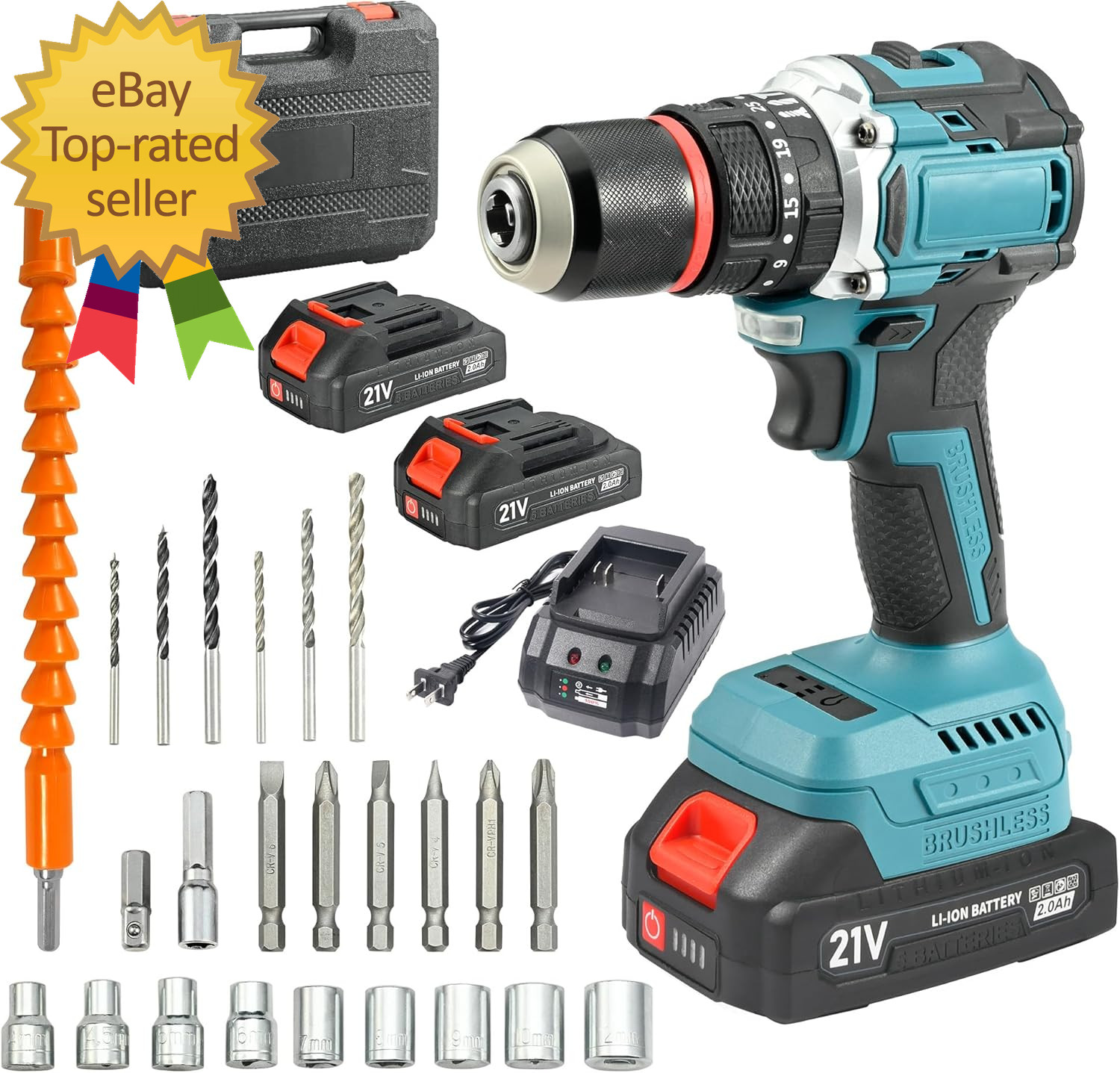 21V Max Brushless Cordless Drill Set 1/2" Metal Chuck Impact Drill with 2X 2.0Ah