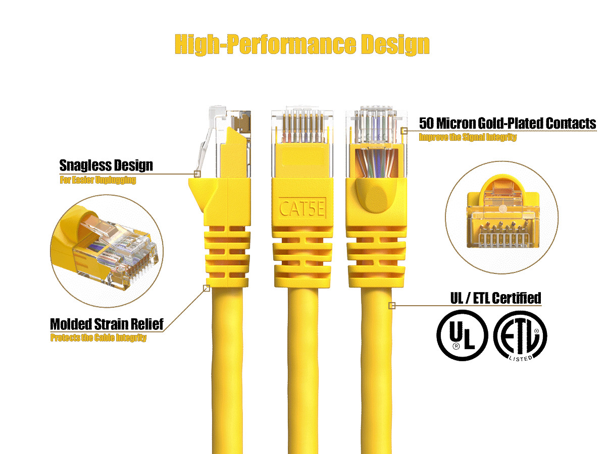 3ft Cat5e UTP Ethernet Network Patch Cable Snagless 24AWG Bare Copper, Yellow