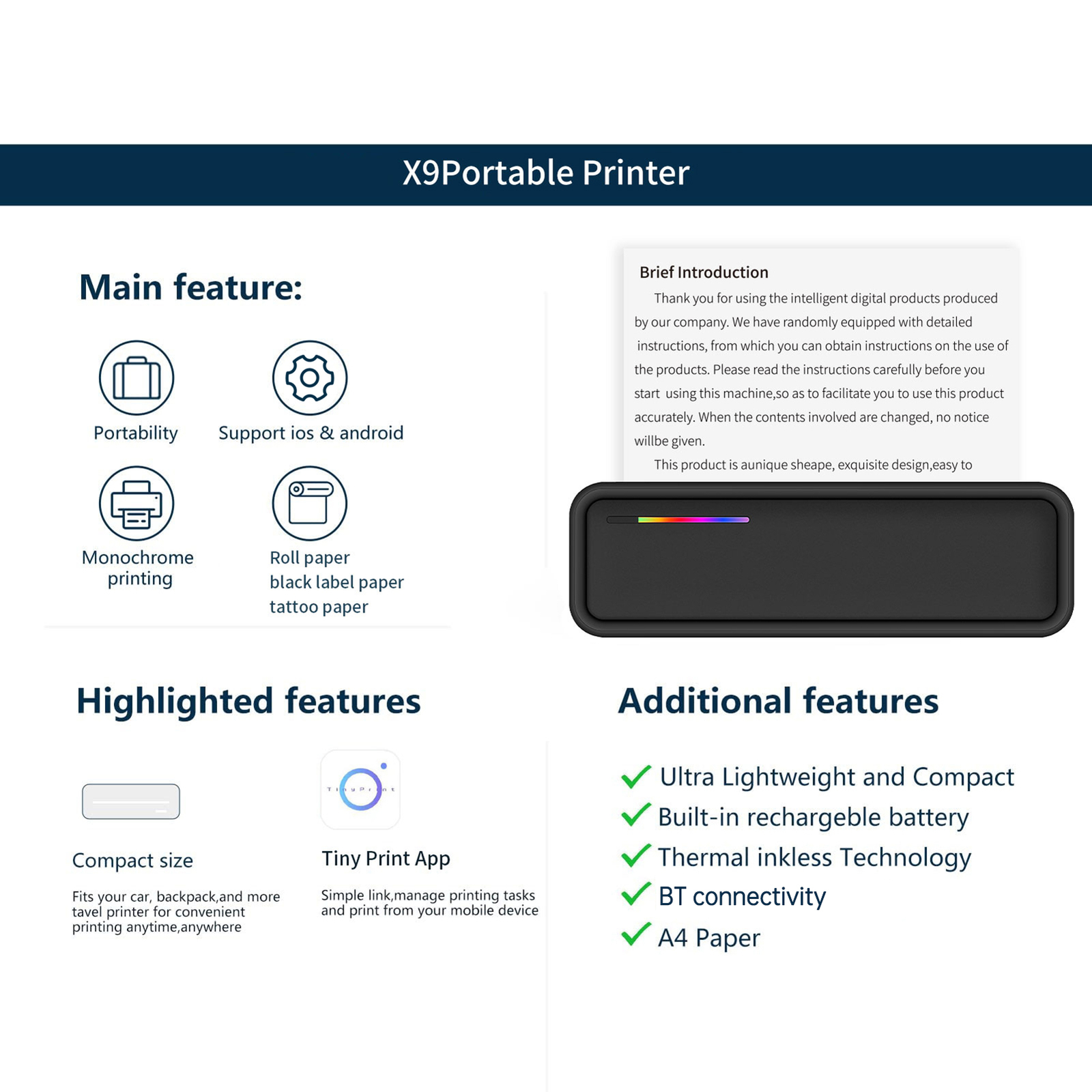 A4 Portable Paper Printer Thermal Printing Connect Compatible S0B6