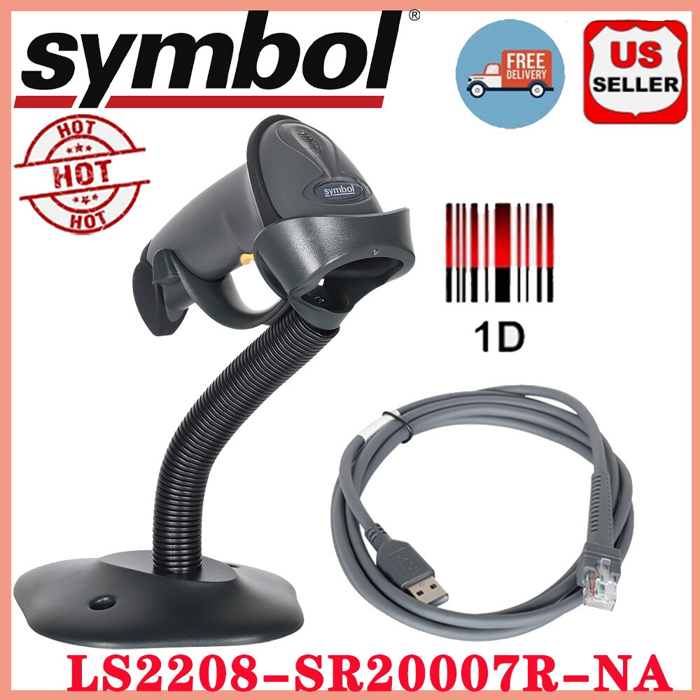 Zebra Symbol LS2208-SR20007R-NA 1D Laser Barcode Scanner Kit w/Stand  USB Cable