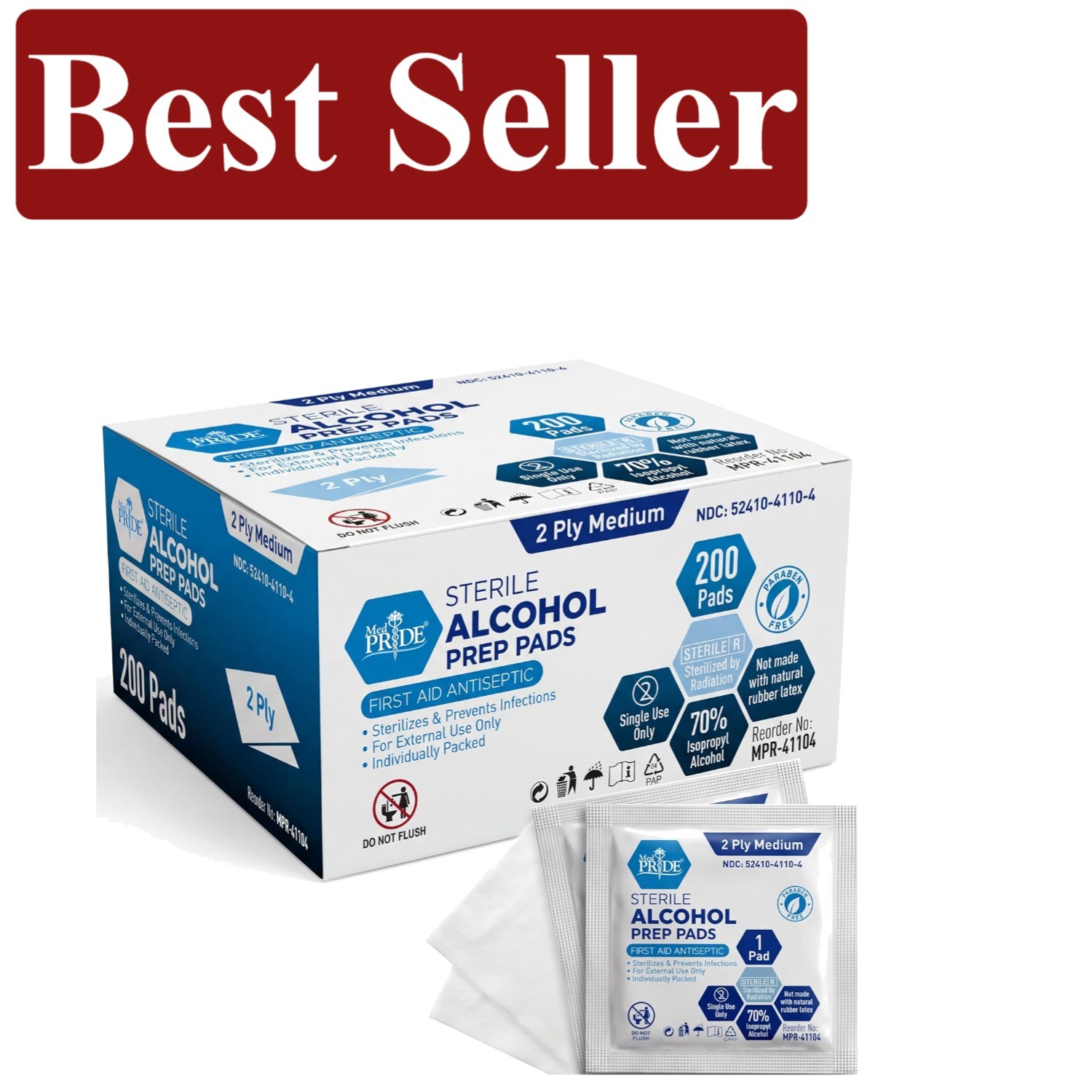 Sterile Alcohol Prep Pads - 70% Isopropyl, Individually Wrapped, 200 Count