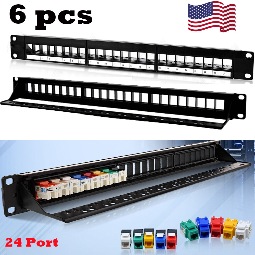 6x 24 Port Keystone Jack Blank Patch Panel Plate Cat5/5e Cat6/a RJ-45 19" 1U