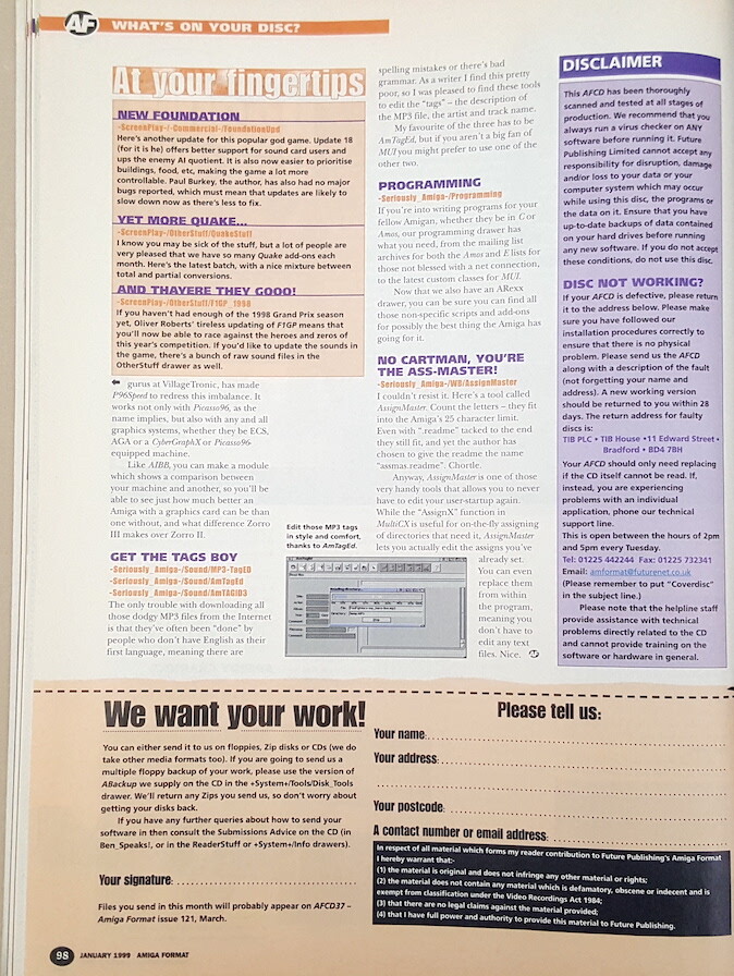Amiga Format Magazine w/CD ©Jan.1999 Cologne'98 WebDesign2 Polataa Game +MORE