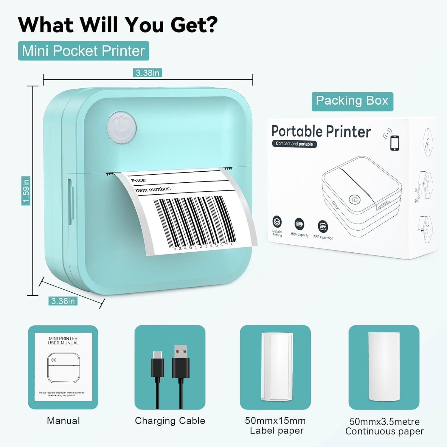 Label Maker Machine with Tape - Inkless Mini Bluetooth Label Printer with Multip