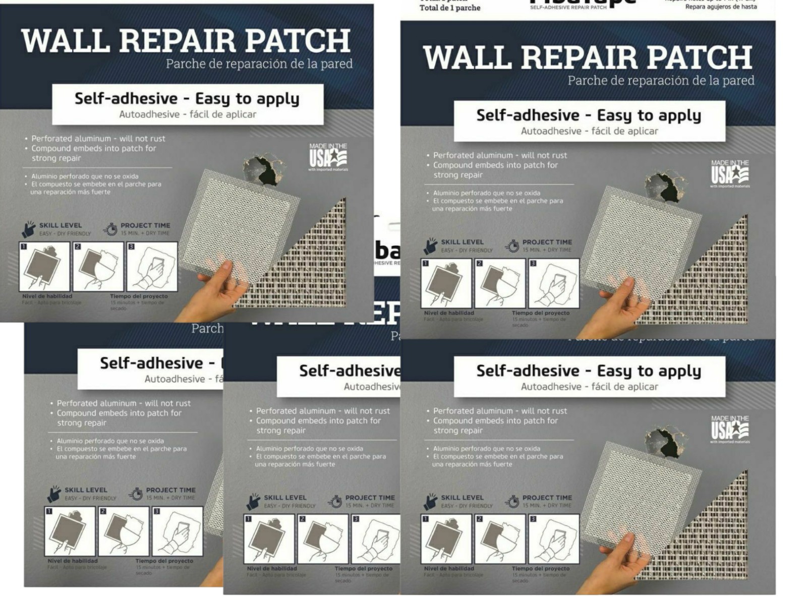 (5) Lot of 5 Self-Adhesive Dry Wall Repair Patch Kits ~ 8" x 8" ~ Aluminum