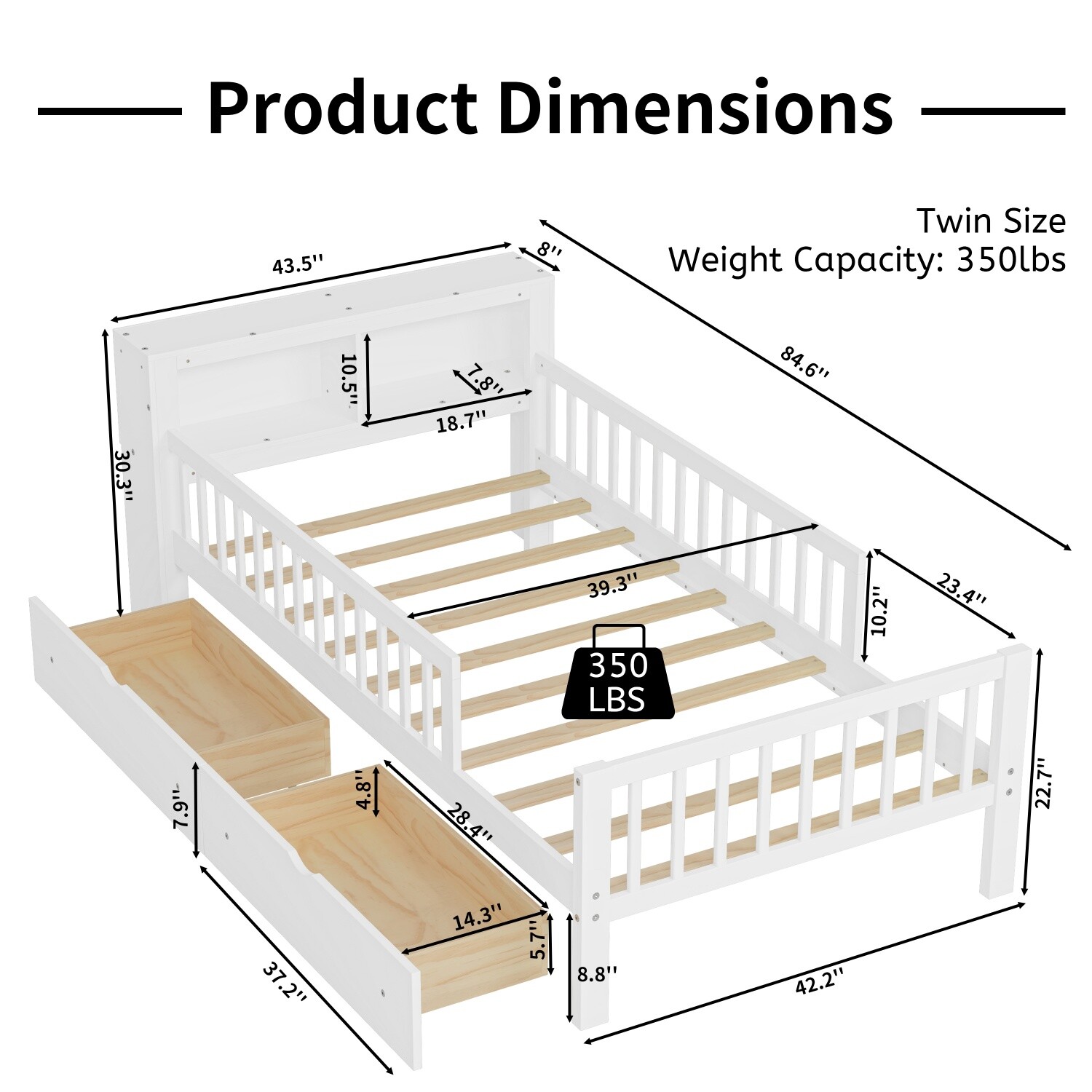 Twin Size Bed Frame Wood Platform Bed Frame with 2 Drawers & Storage Headboard