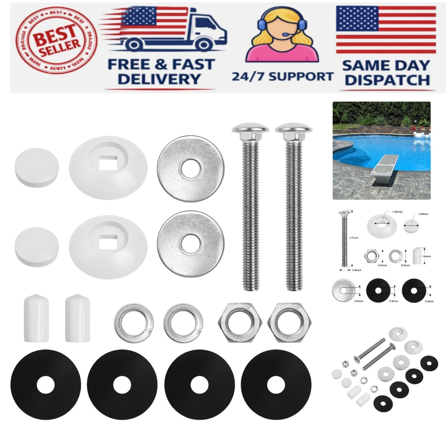 S.R.Smith Diving Board Replacement Bolts Kit - 6ft/8ft/10ft, 304 Stainless Steel