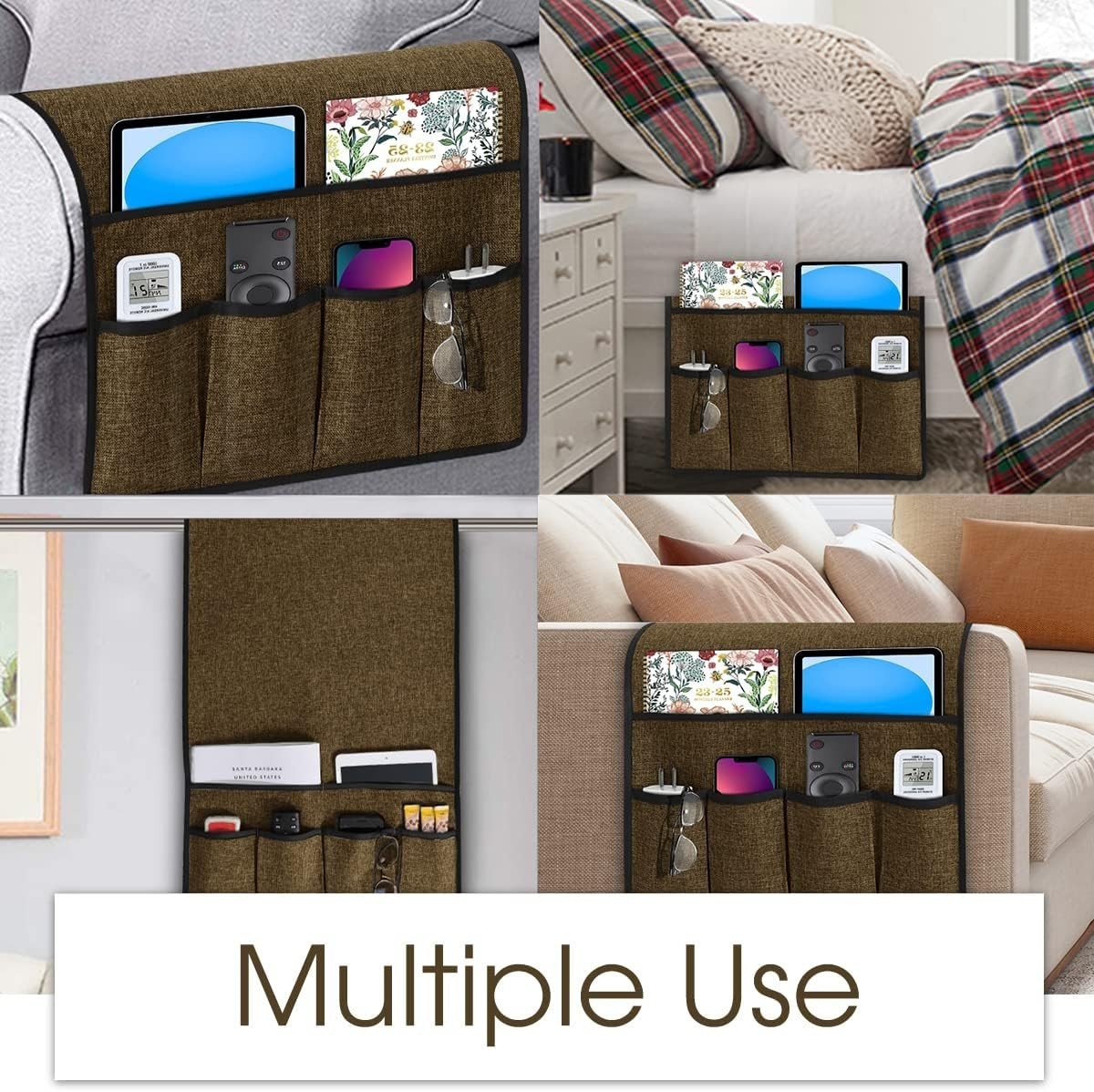 Adjustable Linen Armchair Caddy in Chocolate: Functional Sofa Storage Solution