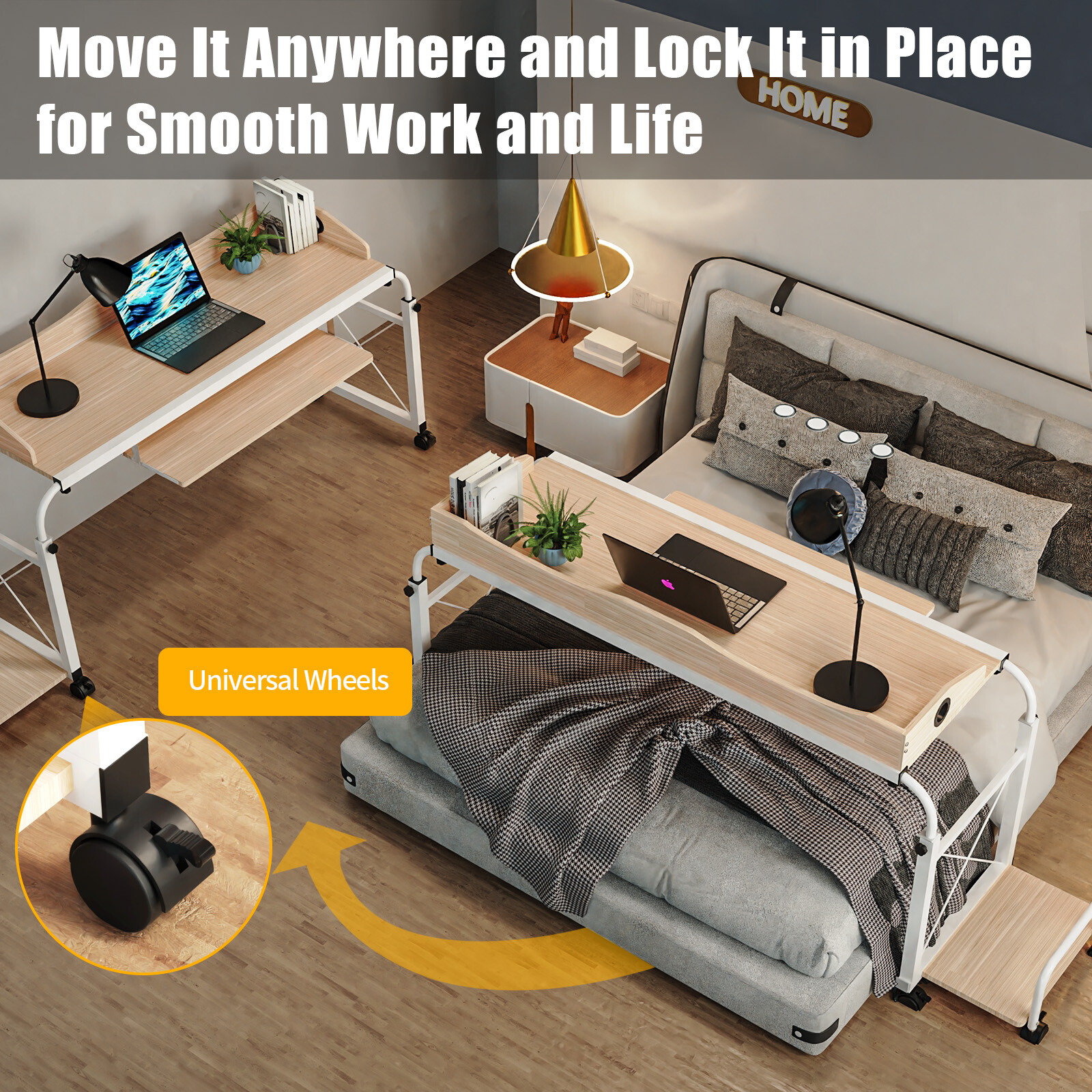 Over bed Table Desk Height Adjustable Rolling Laptop Computer Desk Cart For Home