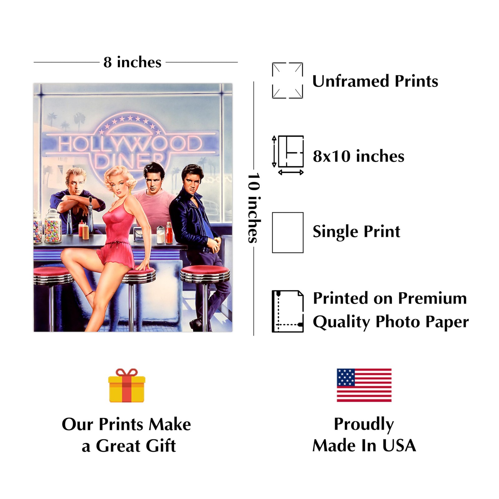 Hollywood Diner Vintage Wall Art Print - 8x10 10"L x 8"W, Red, Brown, Black
