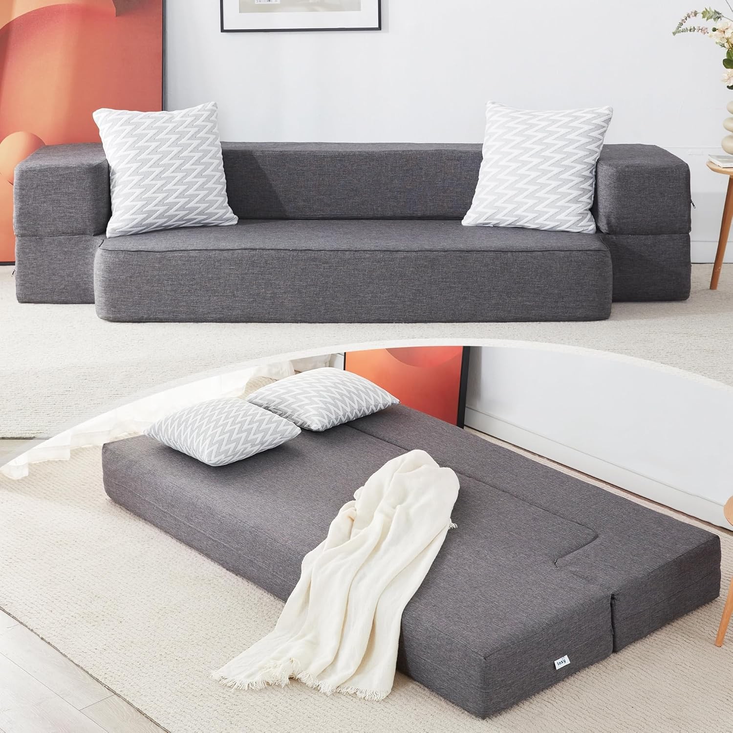 Floor Sofa Bed, Convertible Sleeper Lounge Couch Folding Mattress with 2 Pillows