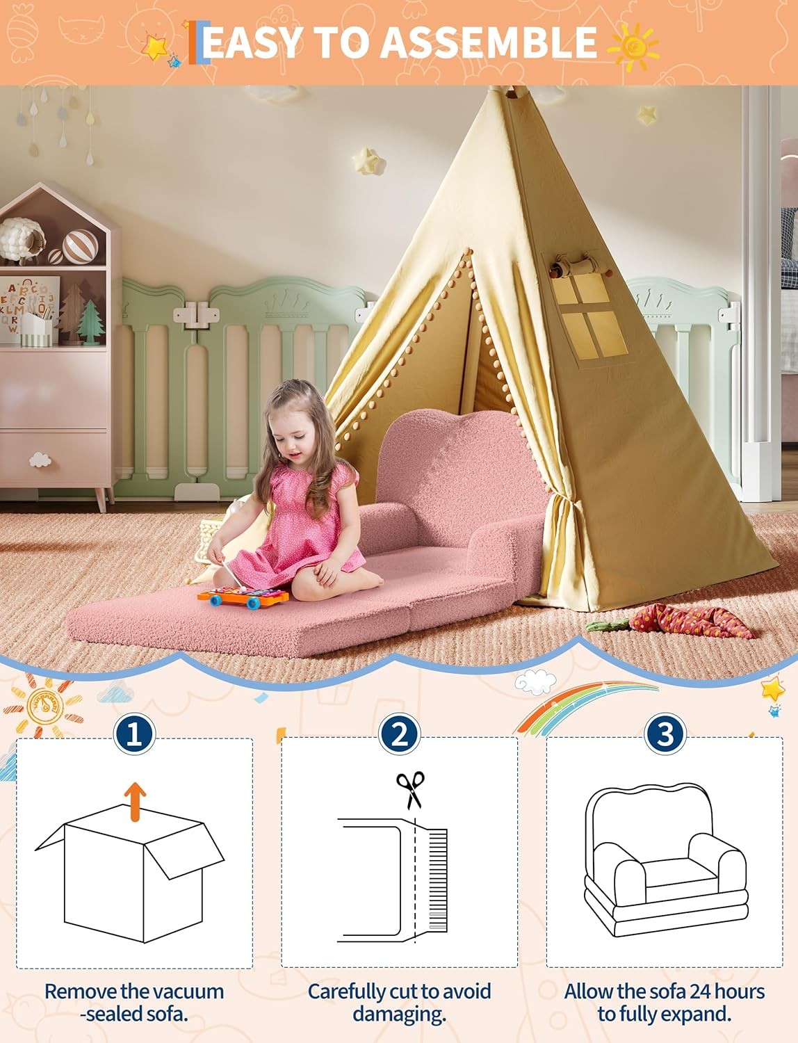Kids Couch, Folding Sofa Bed, Kids Girls Chair, Fold Out Chair to Lounger Pink