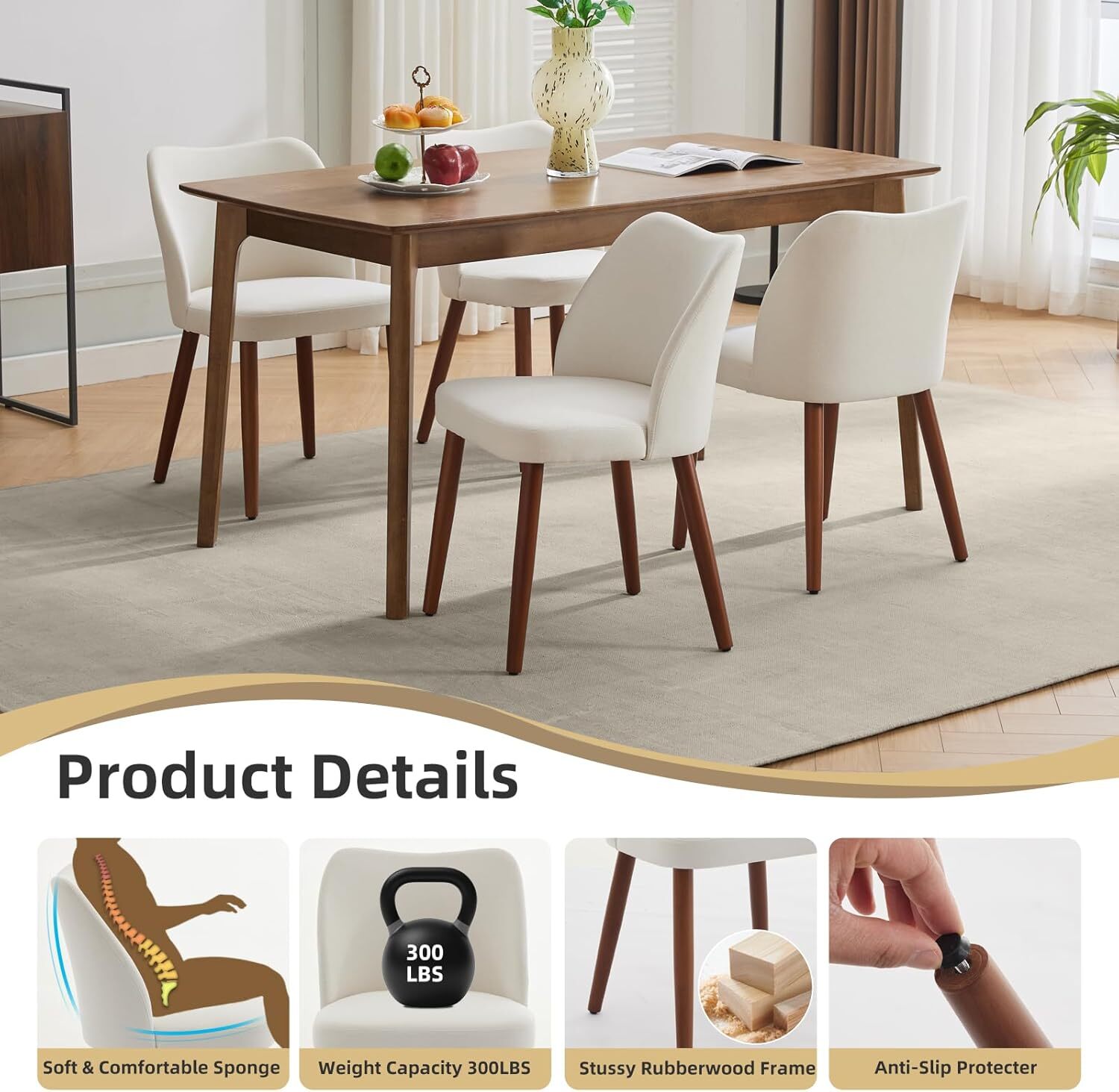 Modern Dining Chair Set of 2/4/6, Linen Upholstered Kitchen Chairs w/ Wood Legs