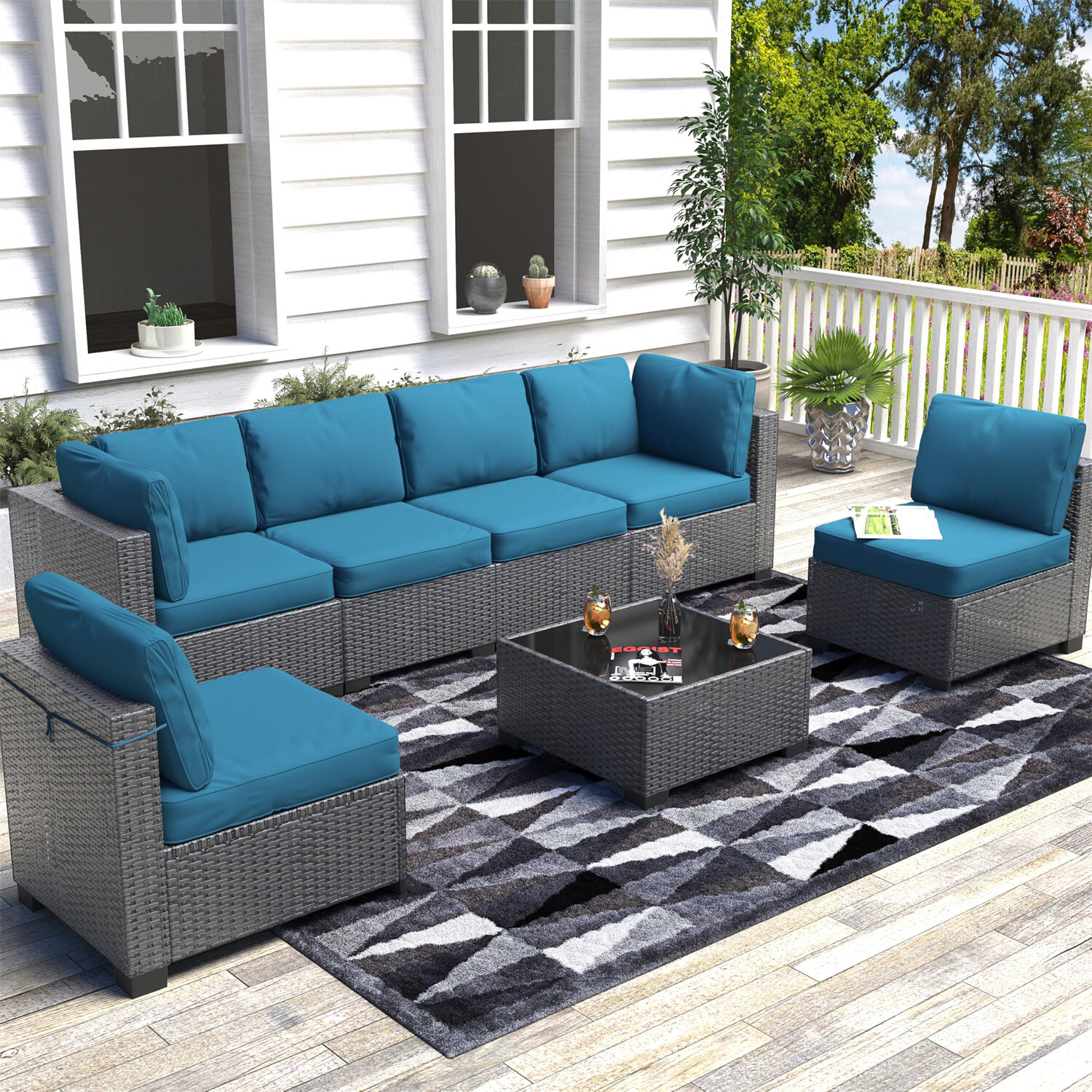 ☑️7-Piece Outdoor Patio Furniture Set PE Rattan Wicker Sectional Modular Garden