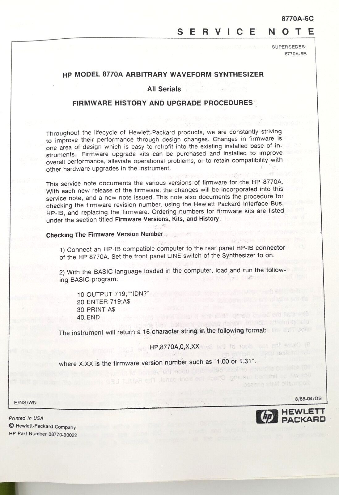 HP 8770A ARBITRARY WAVEFORM SYNTHESIZER SERVICE MANUAL