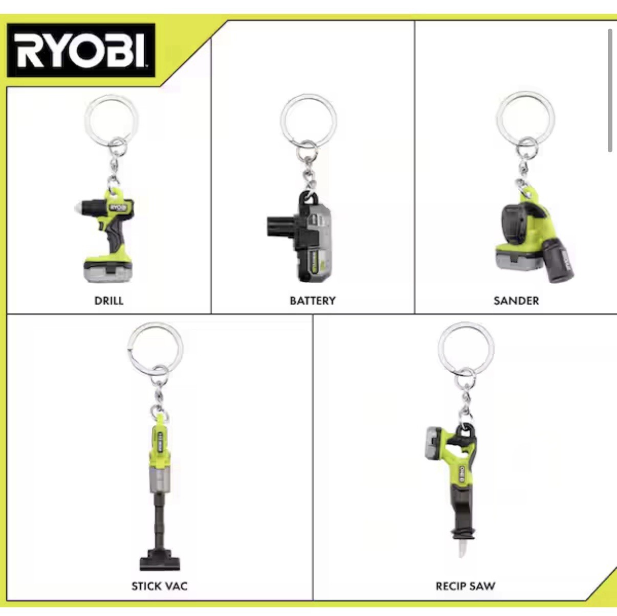 Ryobi Mini's 5 Piece Keychain Set Recip Saw Stick Vac Drill Battery Sander NIB