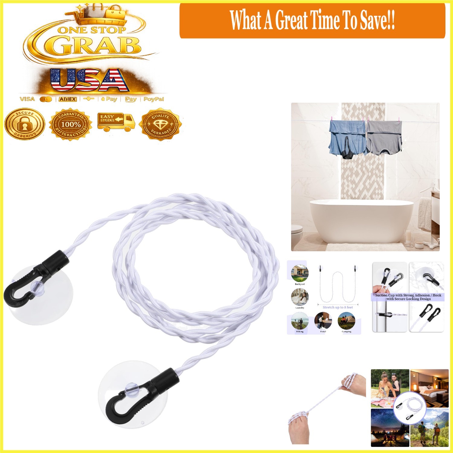 Travel Retractable Clothes Line Camping Indoor Outdoor White 250cm